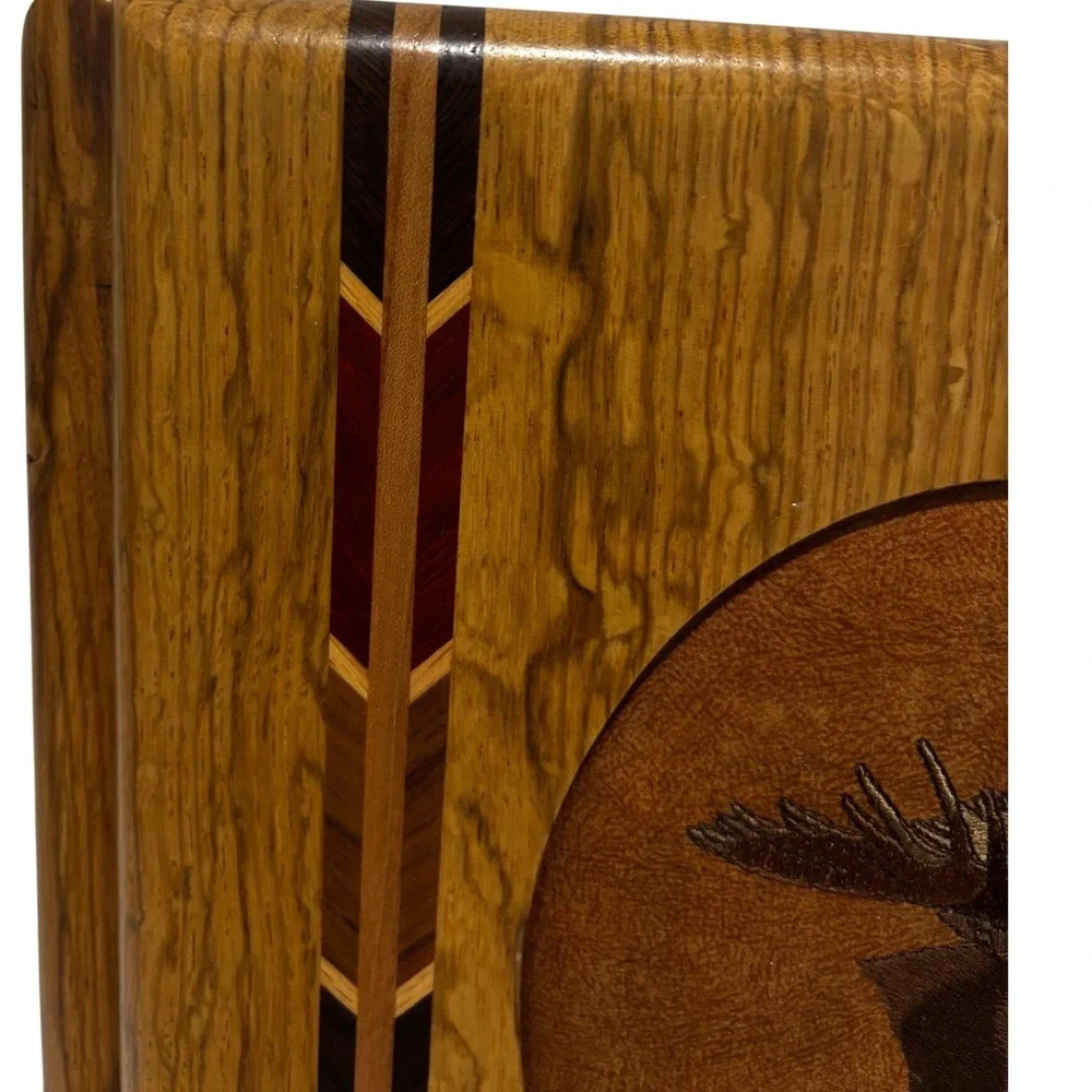 Unique Handcrafted Wood Photo Album Binder Moose Wolf Inlay Cabin Rustic Unique
